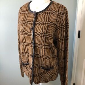 Pendleton Wool Leather Trim Cardigan/Lady Jacket Houndstooth. Brown. Large